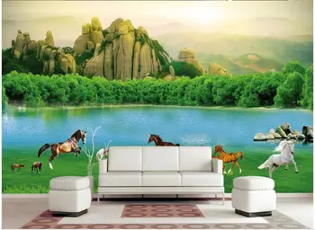Vlastné fotografie, 3d tapety Non-tkané nástenná maľba Prairie kone trávnych porastov zelenej krajine 3d nástenné maľby, tapety pre obývacia izba