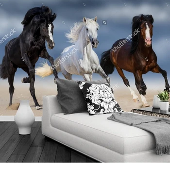 Vlastné moderné tapety,Tri kôň bežať cval v piesku,3D foto nástenná maľba pre obývacie izby, spálne, reštaurácia vinylové tapety