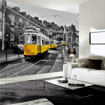 Vlastné nástenné Nostalgické Retro Európskej Ulice Žltá Električka Čierna Biela nástenná maľba Pozadia na Stenu obývacia izba reštaurácia tapety