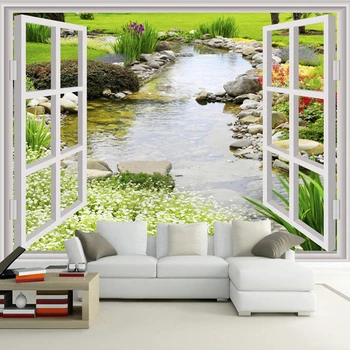 Vlastné nástennú maľbu, Tapety Moderný Jednoduchý 3D Okne Záhrade Malé Rieky Kvet Trávy Fresco Obývacej Izby, Spálne, Foto Papier na Stenu