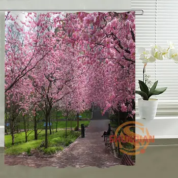 Vlastný Sprchový Záves Sakura Stromy Vaňa opony Nepremokavé polyesterové Tkaniny Sprchový Záves Pre Kúpeľňa