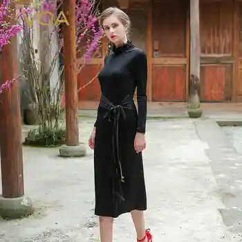 VOA 2017 Jeseň Fashion Klasické Pevné Čierne Jednoduché Vysoký Golier Slim Pletené Šaty Jeseň Plus Veľkosť Stručný Ženy Hodvábne Šaty A7335
