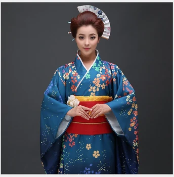 Vysoko Kvalitné Modrá Japonských Žien Kimono Šaty Tradičné Yukata S Obi Novinka Lady Večerné Šaty Flower Jedna Veľkosť NK001