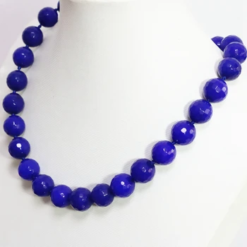 Vysoko kvalitné modrá lapis lazuli jades kameň chalcedony tvárou okrúhle korálky 14 mm ženy fashion reťazca náhrdelník šperky 18-palcové B1504
