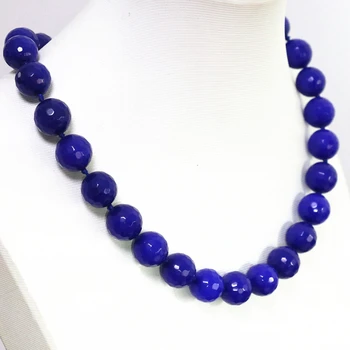 Vysoko kvalitné modrá lapis lazuli jades kameň chalcedony tvárou okrúhle korálky 14 mm ženy fashion reťazca náhrdelník šperky 18-palcové B1504