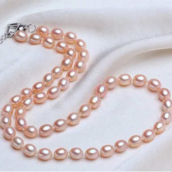 Vysoko kvalitné Módne Šperky Prírodné Perlový Náhrdelník 6-9mm Ryža Pearl Šperkov Náhrdelník Pre 925 sterling silver náhrdelník Pre ženy