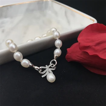 Vysoká kvalita naozaj Prírodné sladkovodné perly Náramok Kúzlo Náramok Bowknot Šperky, perly Náramok Pre Ženy svadobný dar