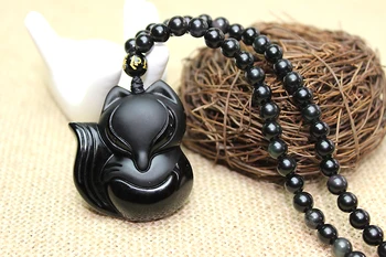 Vysoká Kvalita Prírody Čierna Obsidián Ručne Vyrezávané Lucky Fox Amulet prívesok náhrdelník žena muža Šperky