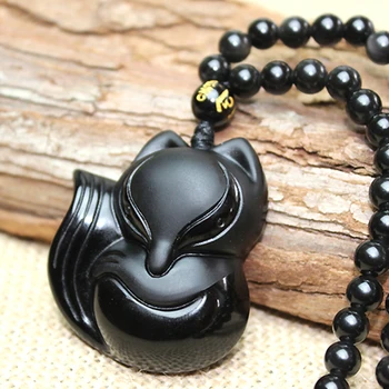 Vysoká Kvalita Prírody Čierna Obsidián Ručne Vyrezávané Lucky Fox Amulet prívesok náhrdelník žena muža Šperky