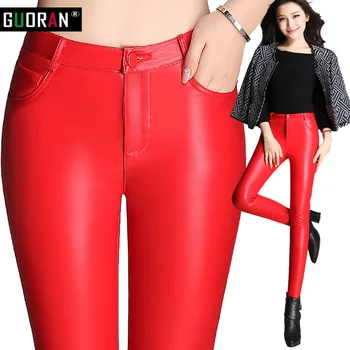 Vysoký pás kožené nohavice, ženy PU legíny Červená plus veľkosť 2016 zime teplé slim chudá bežné ceruzky nohavice ženské nohavice