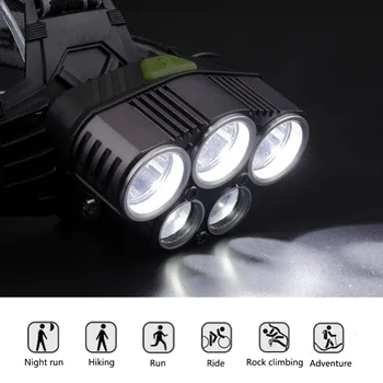 Vysoký výkon 6 Režimov 15000Lm Svetlometu 5*T6 LED Hlavy lampy hungting camping svetlo s USB Kábel používať 2x18650 batérie