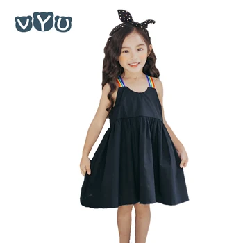 VYU New Black Bavlna Dieťa Šaty Deti Oblečenie Dievčatá Dúhy Pás Jednoducho Krásne Bežné Deti Letné Šaty Na Veku 3-10