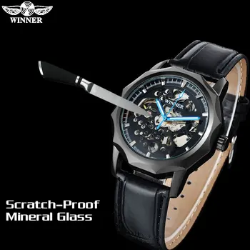 VÍŤAZ muži móda šport mechanické hodinky kožený remienok bežné značky pánske automatické kostra čierna prípade hodinky reloj hombre