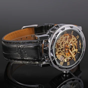Víťaz značky mechanické hodinky pre mužov čierny kožený pás doprava zadarmo WRG8008M3S6