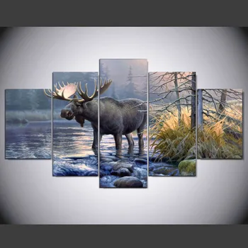 Wall Art Rám Plátno Obývacia Izba Abstraktné 5 Panel Moose Zvierat Jazero Fotografie Krajiny Domova Moderné HD Vytlačené Obrazy