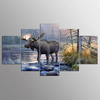 Wall Art Rám Plátno Obývacia Izba Abstraktné 5 Panel Moose Zvierat Jazero Fotografie Krajiny Domova Moderné HD Vytlačené Obrazy