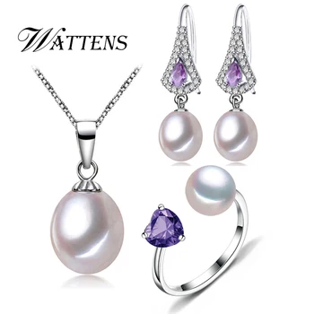 WATTENS prírodné Sladkovodné perly prívesok, Náušnice, náhrdelník,perla Purpurové Srdce krúžok, 925 sterling silver Šperky Sady pre ženy