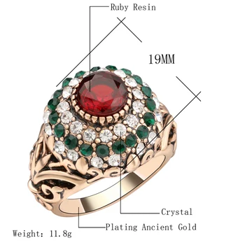 Wbmqda turecký Červené Krúžky Starožitné Zlata Farba dámske Šperky Zlaté Koruny Green Crystal Prst Prsteň 2018 Nové Prírastky