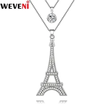 WEVENI Vyhlásenie Plný Drahokamu Eiffelova Veža Budovy Dlhý Náhrdelník Prívesok Reťazca Golier Módne Doplnky, Šperky Pre Ženy