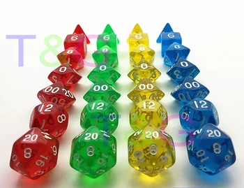 Wholesales 7pcs/set Priesvitné RPG Kocky Nastaviť D4,d6,d8,d10,d10%,d12,d20 pre Doskové Hry, červená,modrá,žltá,fialová,zelená Vysokej Kvality