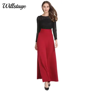 Willstage Dlhé Sukne Plus veľkosť 5XL Ženy Solid Black Red Skladaný Vysoký Pás Vintage Elegantné Strana Sukne 2018 Jeseň OL Práce