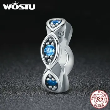 WOSTU 925 Sterling Silver Šťastie, Modré Očné Trblietavé CZ Dištančné Kúzlo Korálky fit Pôvodné Ženy Náramok Šperky FIC513