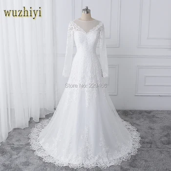 Wuzhiyi vestido de noiva Loď krku svadobné šaty 2017 čipky nášivka svadobné šaty na Zips späť s tlačidlami plášte župan de soiree