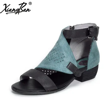 Xiangban Ženy Rímske Sandále Típat Prst Letné Dámske Sandále Nízkom Podpätku Topánky Duté Z Pravej Kože