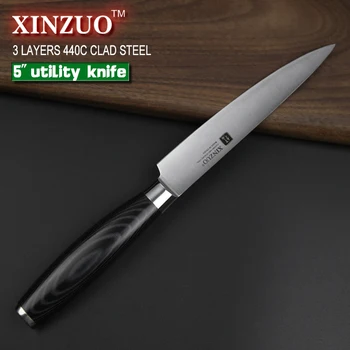 XINZUO 5 palcový utility nôž tri vrstvy 440C plátované ocele kuchynský nôž micarta rukoväť lúpací nôž kuchynské náčinie doprava zadarmo