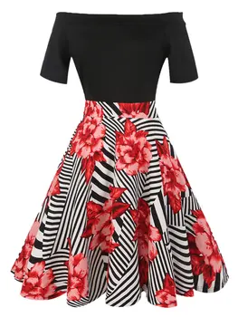 XL-5XL ženy lomka krku krátky rukáv kvetinový tlač patchwork šaty lady jar vintage šaty úradu práce formálne šaty plus veľkosť