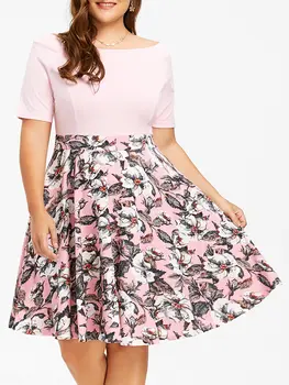 XL-5XL ženy lomka krku krátky rukáv kvetinový tlač patchwork šaty lady jar vintage šaty úradu práce formálne šaty plus veľkosť