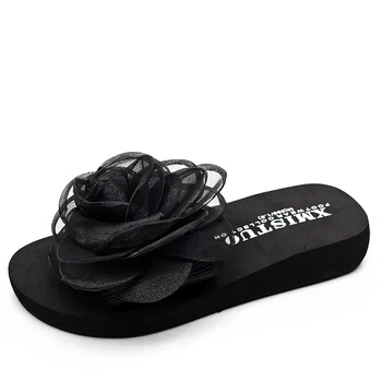 XMISTUO kvalitné letné krásy študentov dámy beach Strečové tkaniny papuče čipky s šifón kvety EVA hrubé sandále