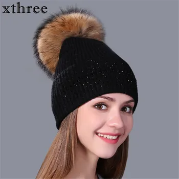 Xthree zimnú čiapočku klobúk pre ženy, skutočné noriek kožušiny pom poms vlna pletené girl 's hat zbrusu nový hrubé žena spp