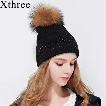 Xthree zimnú čiapočku klobúk pre ženy, skutočné noriek kožušiny pom poms vlna pletené girl 's hat zbrusu nový hrubé žena spp