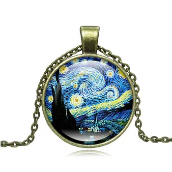 XUSHUI XJ Van Gogha, Hviezdna Noc Sklo Cabochon Prívesok Náhrdelník Ženy Módy Klasické Šperky, Strieborné Reťaze Náhrdelník Mesiac, Hviezdy