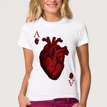 YEMUSEED 2017 2016 Letné tričko Ženy Poker Srdce Vytlačené T-shirt Krátkym Rukávom Zábavné Lumbálna Topy WMT289
