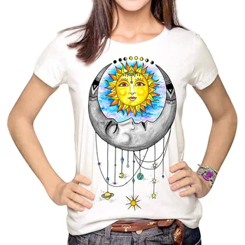 YEMUSEED Ženy Móda Lumbálna Slnka a Mesiaca Cartoon Tlačených Topy Tumblr Harajuku Ceruzka Kreslenie 3D T shirt Tees Plus Veľkosť XL