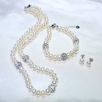 YIKALAISI 2017 Nová Biela Farba Perlový náhrdelník Sady 8-9mm Biela Prírodná Perla Šperky 925 sterling silver šperky Pre Ženy