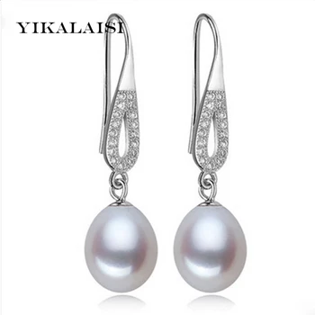YIKALAISI 2017 Pearl šperky, dlhé Náušnice 8-9 MM Prírodné Perly 925 Sterling Silver šperky Biela/Ružová/Fialová Pre Ženy