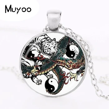 Yin Yang Dragon Prívesok Čínsky Osem Diagramy Náhrdelník Astrológia Zverokruhu Šperky Tai Prívesok pre Neho Sklo Cabochon Choker HZ1