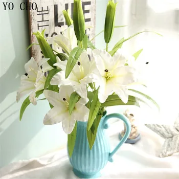 YO CHO 5 Pobočiek Skutočný Dotyk Umelé Lily Filmu Cítiť Simulácia Kvety Strane Kytice Svadobné Dekor Falošné Kvety Strana Dodávky
