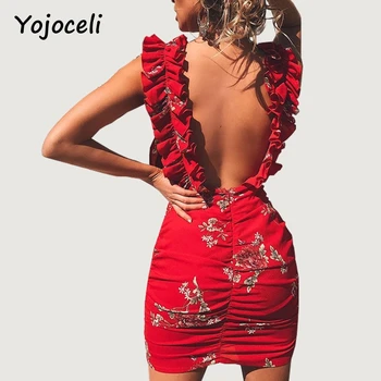 Yojoceli elegantný kvetinový tlač hlboko v krku bodycon šaty žien rozstrapatené mini krátke šaty club party oblečenie ženské šaty
