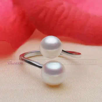 YouNoble Prírodné perly krúžky umelé dvojité pearl prstene pre ženy,striebro 925 dvojitý nastaviteľný krúžok s perlou darček k narodeninám
