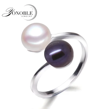 YouNoble Prírodné perly krúžky umelé dvojité pearl prstene pre ženy,striebro 925 dvojitý nastaviteľný krúžok s perlou darček k narodeninám