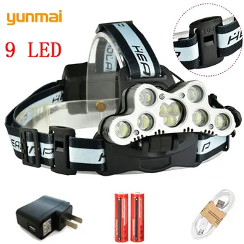 Yunmai Ultra Silný 9 LED Svetlomet Svietidla XML-T6 Zameranie Nepremokavé Svetlometu USB Nabíjateľné Rybárske Hlavu Baterka LED Lampa