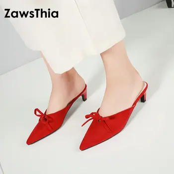 ZawsThia 2018 lete ružová červená čierna žena, múl topánky ukázal prst listov papuče ženy s bowtie sklzu na topánky plus veľkosť 44