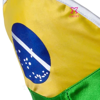 Zelená/Žltá Brazília Vlajka Korzet Paródia Korsett Pre Ženy Ocele Vykostené Overbust Korzety A Bustiers Gotické Oblečenie Corselet
