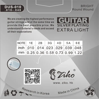 ZIKO DUS Série Akustické Gitarové Struny 010-048 011-052 012-053 Palcový Hexagon Uhlíkovej Ocele Core Silver Pokovovanie Rany