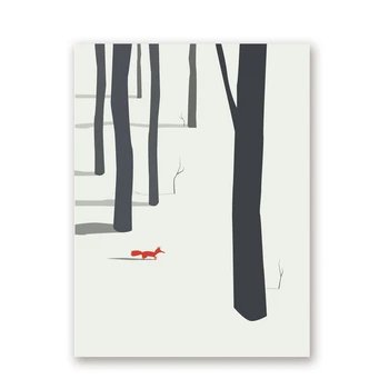 Zimná Krajina Plagát S Lesov A Fox Plátno Art Print Stenu Obrázok, Severské Krajiny Strom Plátno Na Maľovanie Domáce Dekorácie