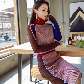 Zimné new star ženy turtleneck sveter farby zodpovedajúce zip bodycon dlhé sukne sako kórejský módne knitwear lady oblečenie